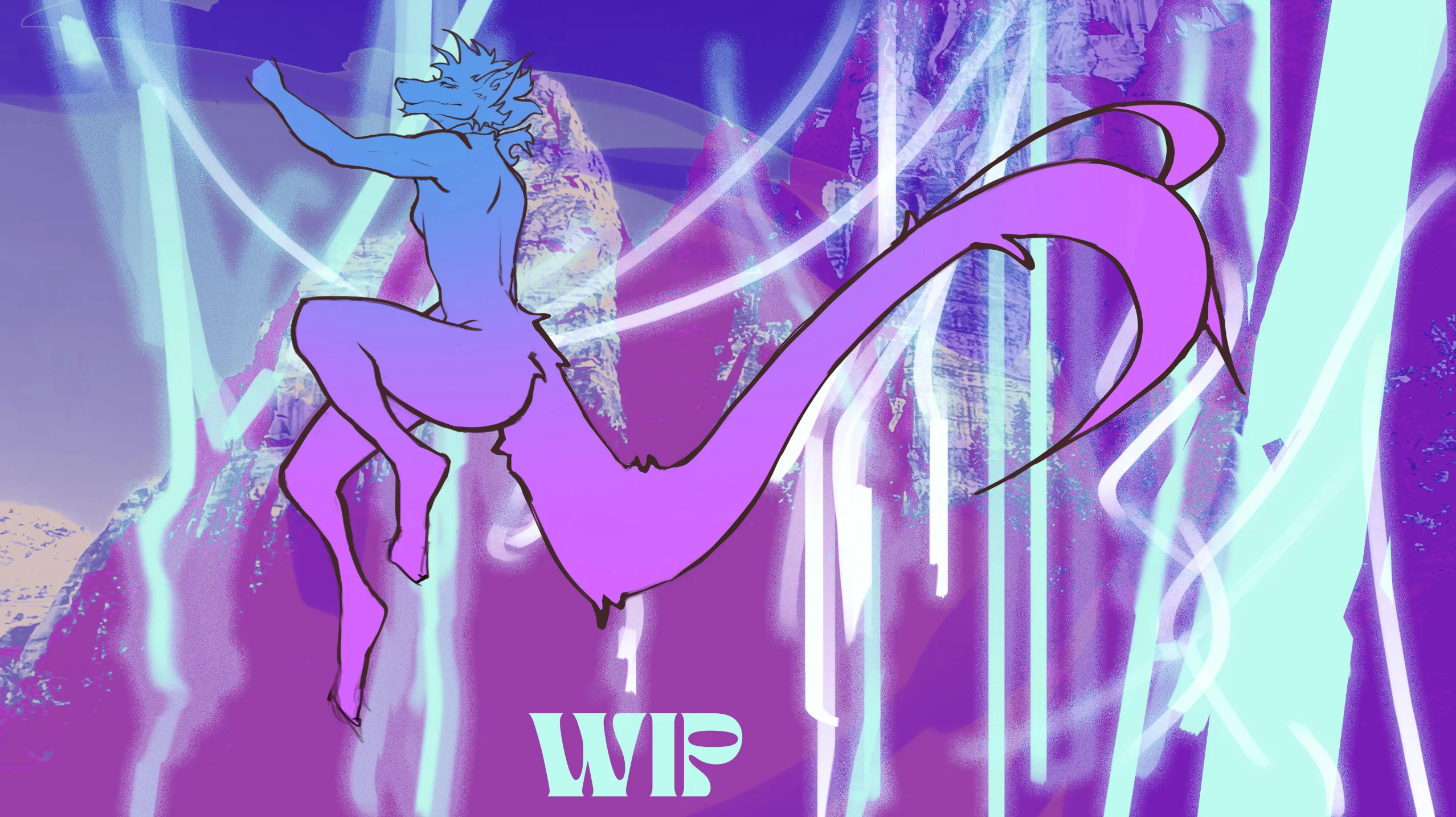 A mystical, blue humanoid creature with a long tail dances amidst vibrant purple and blue lights. The atmosphere is dynamic and surreal.